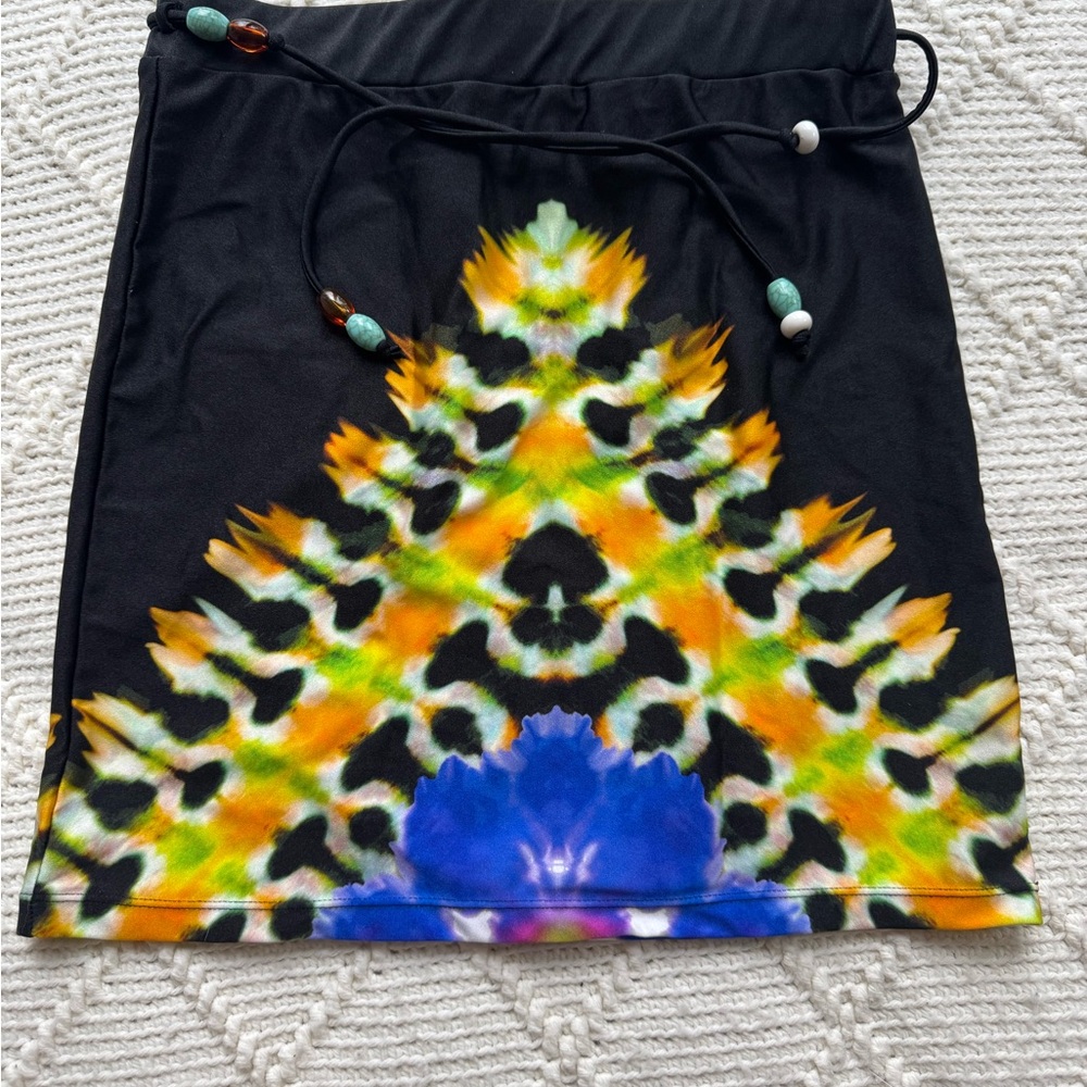 Chelsea Girl Abstract Knit Short Skirt Drawstring Beaded Black Multicolor S